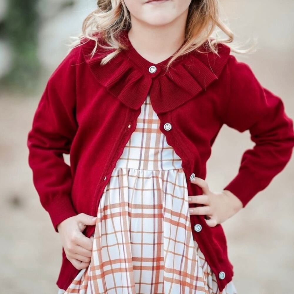 Girlhood Cardigan Girls 4/5 Red Ruffle Collar Knit Sweater Button Front Cotton